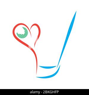 Balle de golf et bâton avec coeur rouge isolé sur fond blanc Banque D'Images