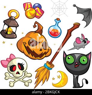 Jeu de symboles Halloween. Chat de sorcière, citrouille, tablier de grim, bâton de broomstick et bonbons. Illustration vectorielle Illustration de Vecteur