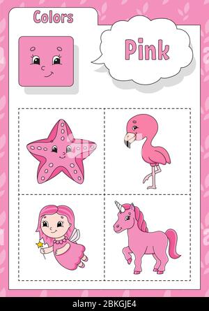 Couleurs d'apprentissage. Couleur rose. Carte de poche pour les enfants. De jolis personnages de dessin animé. Ensemble d'images pour les enfants d'âge préscolaire. Feuille de travail de formation. Illustration vectorielle. Illustration de Vecteur