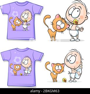 T-shirt mignon bébé avec chat imprimé sur le motif vectoriel amusant Illustration de Vecteur