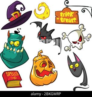 Jeu de symboles Halloween. Chat de sorcière, citrouille, crâne, chapeau de sorcière, zombie, livre de sorts, trick ou traite signe et chauve-souris Illustration de Vecteur