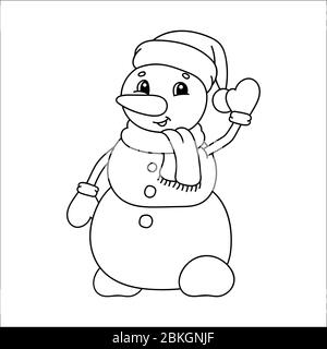 Livre de coloriage pour enfants. Bonhomme de Noël dans un chapeau et une écharpe. Personnage de dessin animé. Illustration vectorielle. Silhouette de contour noir. Isolé sur qui Illustration de Vecteur