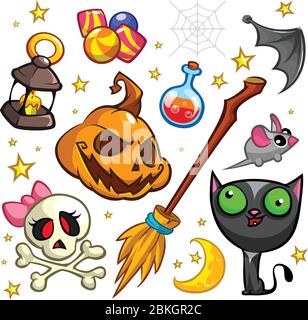 Jeu de symboles Halloween. Chat de sorcière, citrouille, tablier de grim, bâton de broomstick et bonbons. Illustration vectorielle Illustration de Vecteur