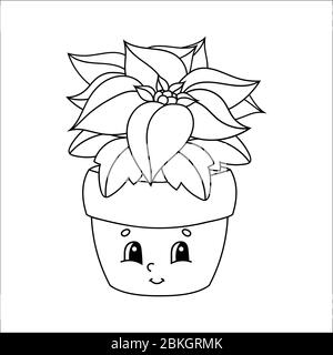 Livre de coloriage pour enfants. Fleur de poinsettia dans un pot. Personnage de dessin animé. Illustration vectorielle. Silhouette de contour noir. Isolé sur fond blanc. Illustration de Vecteur