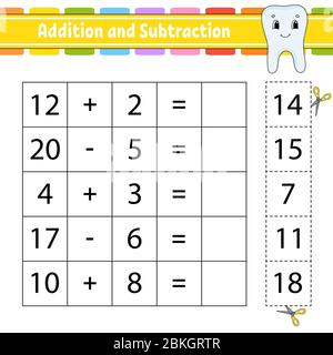 Addition et soustraction. Tâche pour les enfants. Couper et coller. Feuille de travail de développement de l'éducation. Page activité. Jeu pour enfants. Drôle de personnage. Isolé ve Illustration de Vecteur