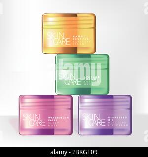 Vector translucide Rose, Vert, Violet et jaune verre ou plastique Beauté ou soin de la peau bouchon à vis emballage Illustration de Vecteur