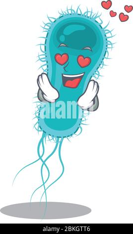 Le personnage de caricature des bactéries mignons d'escherichia coli est tombé dans le visage d'amour Illustration de Vecteur