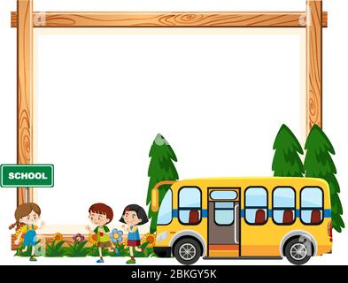 Modèle de bordure avec les enfants qui circulent sur l'illustration du bus scolaire Illustration de Vecteur