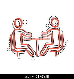 Personnes avec icône de table dans le style comique. Illustration vectorielle de la conférence de travail d'équipe sur fond blanc isolé. Effet de destruction du dialogue du haut-parleur busi Illustration de Vecteur