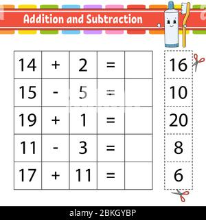 Addition et soustraction. Tâche pour les enfants. Couper et coller. Feuille de travail de développement de l'éducation. Page activité. Jeu pour enfants. Drôle de personnage. Isolé ve Illustration de Vecteur