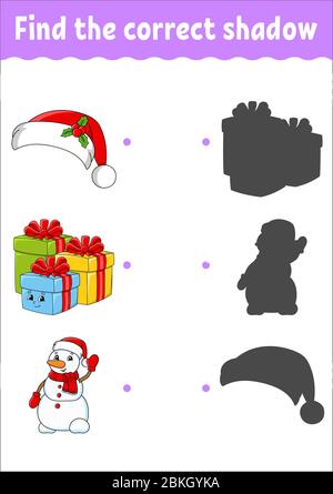 Trouvez l'ombre correcte. Thème de Noël. Feuille de travail de développement de l'éducation. Jeu correspondant pour les enfants. Page activité couleur. Puzzle pour enfants. Joli chara Illustration de Vecteur