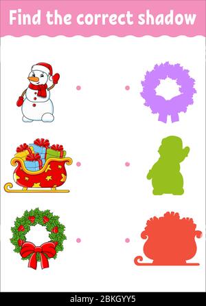 Trouvez l'ombre correcte. Thème de Noël. Feuille de travail de développement de l'éducation. Jeu correspondant pour les enfants. Page activité couleur. Puzzle pour enfants. Joli chara Illustration de Vecteur