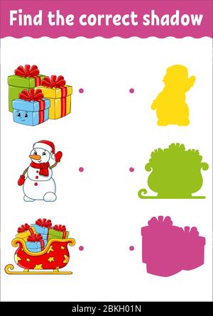 Trouvez l'ombre correcte. Thème de Noël. Feuille de travail de développement de l'éducation. Jeu correspondant pour les enfants. Page activité couleur. Puzzle pour enfants. Joli chara Illustration de Vecteur