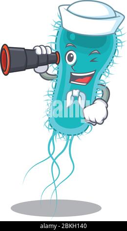 Une icône de dessin animé de la bactérie escherichia coli Sailor avec binoculaire Illustration de Vecteur