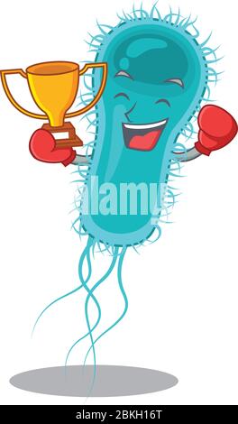 Un élégant vainqueur de boxe du style de conception de mascotte de bactéries escherichia coli Illustration de Vecteur