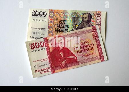 Icelandic króna, banknote, 500, 1000, Isländische Krone, íslensk króna, izlandi korona, Banque D'Images