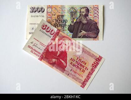 Icelandic króna, banknote, 500, 1000, Isländische Krone, íslensk króna, izlandi korona, Banque D'Images