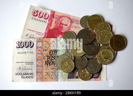 Króna islandais, banknote, coins, Isländische Krone, íslensk króna, izlandi korona, Banque D'Images