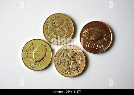 Króna islandais, coins, 100, Isländische Krone, íslensk króna, izlandi korona, Banque D'Images