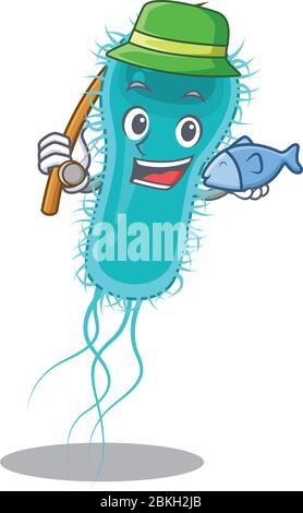 Concept de dessin animé de la bactérie escherichia coli pendant la pêche Illustration de Vecteur