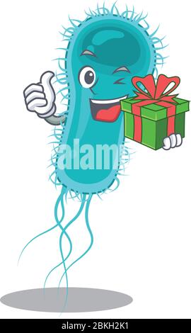 Le personnage de dessin animé des bactéries Escherichia coli souriant possède une boîte cadeau verte Illustration de Vecteur