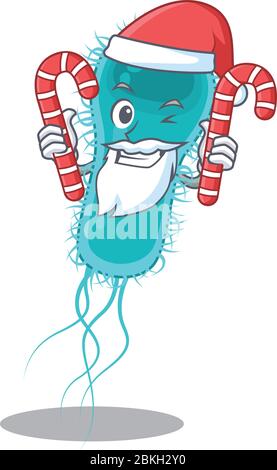 La bactérie amicale escherichia coli du personnage de Santa Cartoon contient des bonbons de Noël Illustration de Vecteur
