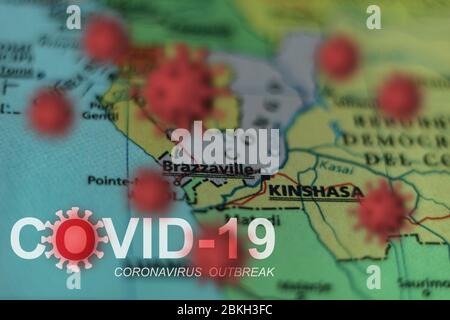 Éclosion de Covid-19 ou nouveau virus de Coronavirus, 2019-nCoV, sur une carte du Congo. Virus Covid 19-NCP : contagion et propagation de la maladie à Brazzaville. Panoramique Banque D'Images