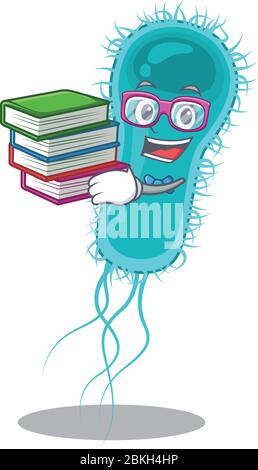 Un étudiant diligent dans le concept de conception de mascotte de bactéries d'escherichia coli avec des livres Illustration de Vecteur
