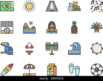 Ensemble d'icônes de couleur plate de culture brésilienne. Toucan, surf, football et plus encore. Illustration de Vecteur