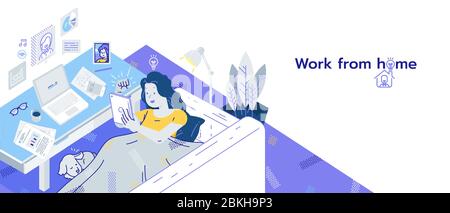 Femme de bureau travaillant à domicile. Cheerfuls sur un canapé et manipuler une tablette pour la vidéoconférence une équipe. Illustration de Vecteur