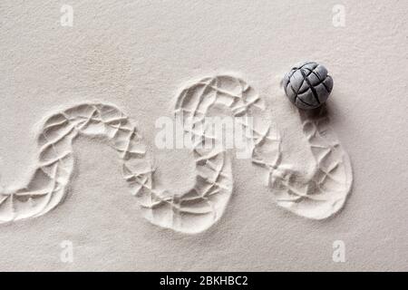 Jeu de sable sensoriel. Concept moderne de jardin zen. Vue de dessus Banque D'Images