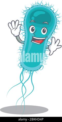 Une mascotte charismatique de bactéries escherichia coli design sourire et la main agaite Illustration de Vecteur