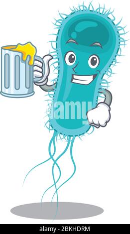 Un concept de caricature de la bactérie escherichia coli soulève un verre de bière Illustration de Vecteur