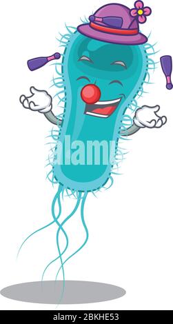 Un design attrayant de style de dessin animé de bactéries escherichia coli jouant jonglant Illustration de Vecteur