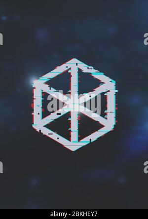 Un rétro-style synthwave générique géométrique géométrique cube logo sur un bleu espace flou thème arrière-plan avec espace de copie Banque D'Images
