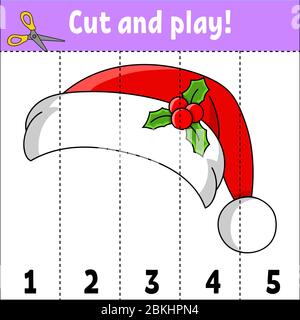 Numéros d'apprentissage 1-5. Couper et jouer. Chapeau de Père Noël. Feuille de travail de formation. Jeu pour enfants. Page activité couleur. Puzzle pour enfants. Riddle pour preschoo Illustration de Vecteur