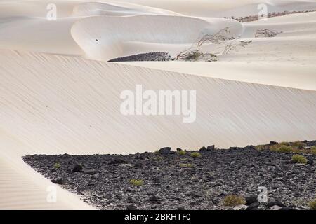 Dunes formées par le sauté dans le désert du Sahara sable et roches volcaniques dans le désert de Deserto de Viana sur l'île de Boa Vista, Cap Vert / Cabo Verde Banque D'Images