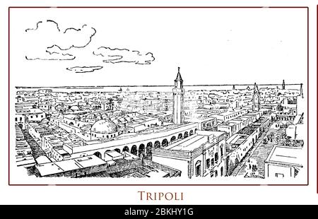 Table illustrée vintage avec vue panoramique sur la ville antique de Tripoli capitale de la Libye fondée par les Phéniciens au 7ème siècle avant J.-C., située sur la côte méditerranéenne de la mer Banque D'Images
