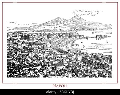 Table illustrée vintage avec vue panoramique sur la ville de Naples (Naples) capitale de la région Campanie en Italie du Sud. La ville est un port méditerranéen important près du volcan actif du Vésuve Banque D'Images