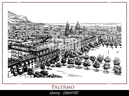 Table d'époque illustrée avec vue panoramique sur la ville de Palerme, 2700 ans, capitale de l'île de Sicile et région du sud de l'Italie, ville riche d'histoire, d'art et de culture. Banque D'Images