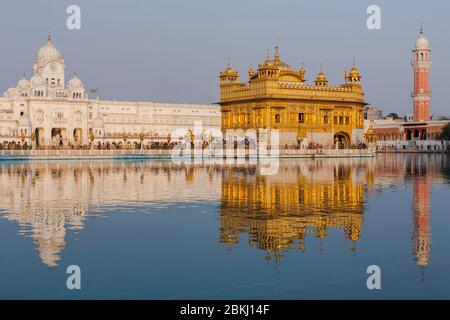 Inde, État du Pendjab, Amritsar, Harmandir Sahib, Temple d'or sous le soleil, avec réflexion dans le bassin du Nectar, Amrit Sarovar, lieu Saint du sikhisme Banque D'Images