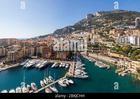 Principauté de Monaco, Monaco, quartier de Fontvieille, port de Fontvieille, en arrière-plan le sommet de la tête de chien Banque D'Images