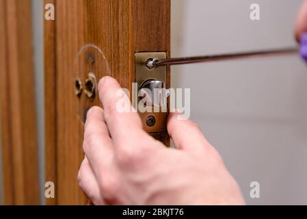 Processus d'installation d'une poignée de porte dans une porte en bois dans une maison. Mains du maître avec un tournevis vissant une vis autotaraudeuse dans la porte à Banque D'Images
