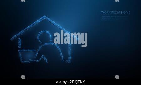 Icône travailler à partir de chez vous. Homme d'affaires travaillant sur un ordinateur portable à la maison. Distanciation sociale. Elément poly filaire faible. Illustration vectorielle Illustration de Vecteur