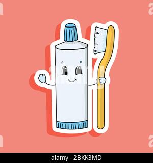 Tube de dentifrice avec brosse à dents. Autocollant couleur vive. Personnage de dessin animé. Illustration vectorielle. Elément de conception. Avec contour blanc. Illustration de Vecteur