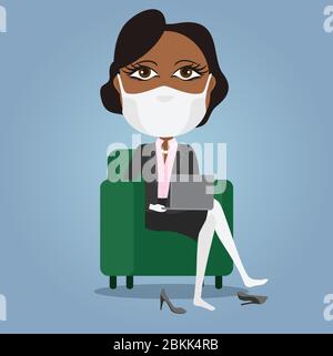 Femme d'affaires noire travaillant à domicile sur son canapé avec masque pour ordinateur portable et gants blancs pendant le verrouillage antivirus avec chaussures désactivées. Illustration de Vecteur