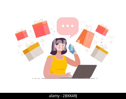Achat de marchandises à l'aide d'un ordinateur portable. Illustration vectorielle de la boutique en ligne Illustration de Vecteur
