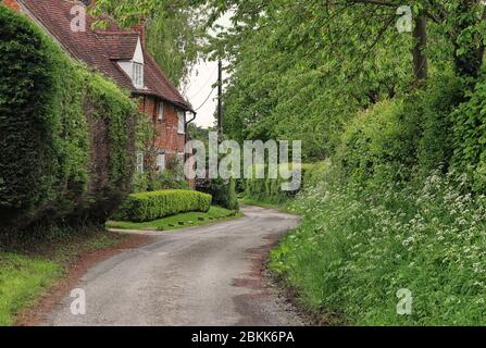 Une voie rurale anglaise avec chalet à pans de bois et haies vertes Banque D'Images