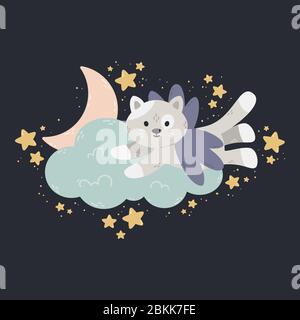 Affiche mignonne avec lune, étoiles, nuage sur un fond sombre. Imprimé vectoriel pour chambre de bébé, carte de vœux, tee-shirts et vêtements pour enfants et bébés, vêtements pour femmes. S Illustration de Vecteur