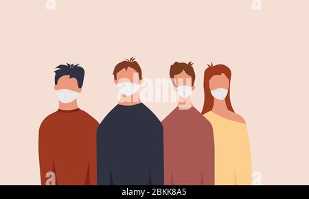 Regroupez les personnes avec l'homme et la femme avec l'illustration vectorielle du masque médical. Maladie de protection du visage coronavirus malade. Alerte de quarantaine épidémique chara pandémique Illustration de Vecteur